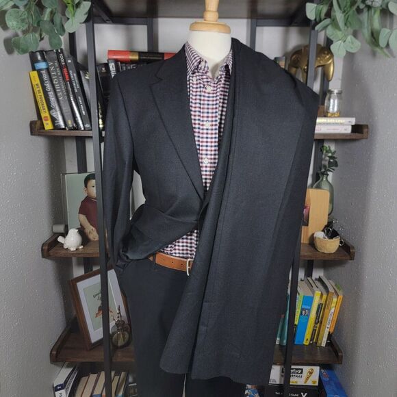 Izod Men's 2PC Sport Coat & Pant Charcoal Black Flannel Wool 40R 34x28 Pleated - Picture 1 of 16